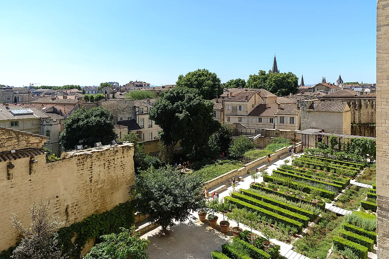 Los bancales de los jardines pontificios vistos desde arriba, con los tejados de Aviñón más allá de la muralla