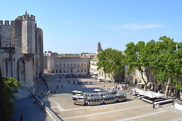La Place du Palais vista dall'alto, con un trenino turistico, platani e una torre del palazzo a sinistra